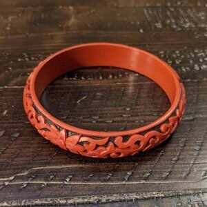 Vintage Carved Red Black Cinnabar Bangle Bracelet Floral Authentic Oriental Boho